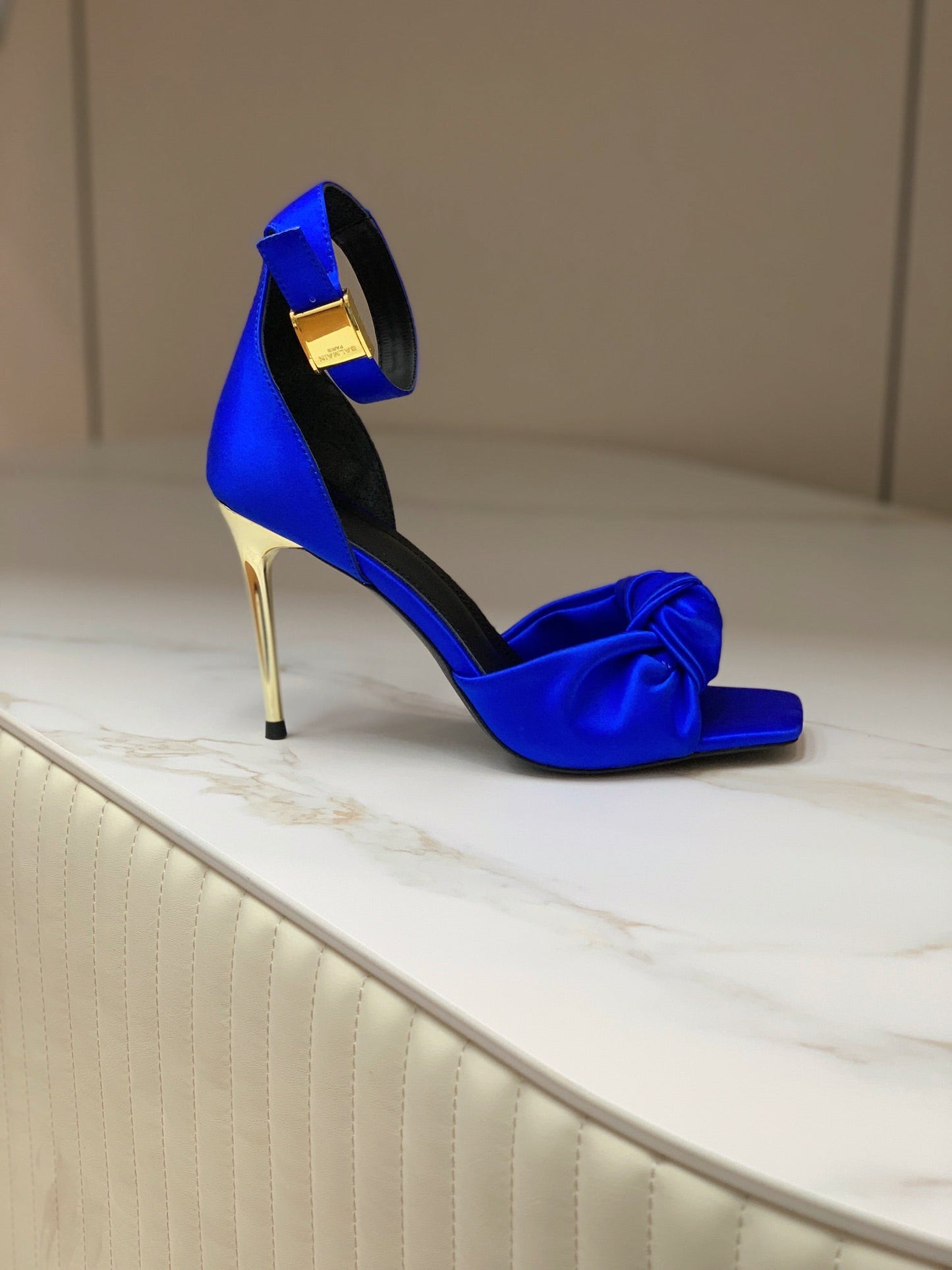 BALMAIN 25S KNOTTED HIGH HEELS 95MM IN DARK BLUE SATIN - 35