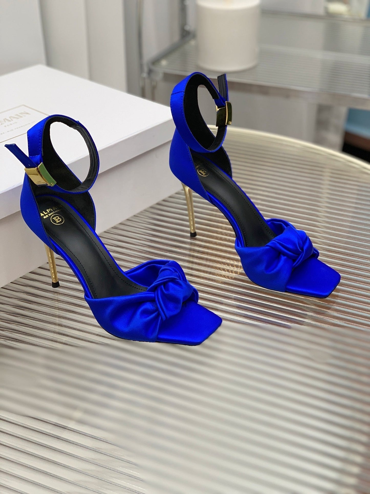 BALMAIN 25S KNOTTED HIGH HEELS 95MM IN DARK BLUE SATIN - 35