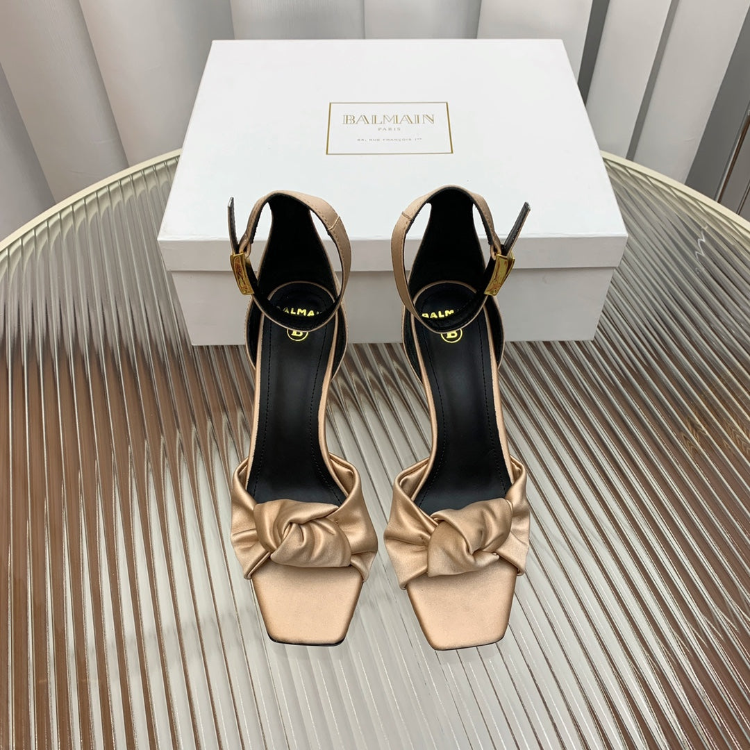 BALMAIN 25S KNOTTED HIGH HEELS 95MM IN LIGHT CARAMEL SATIN - 35