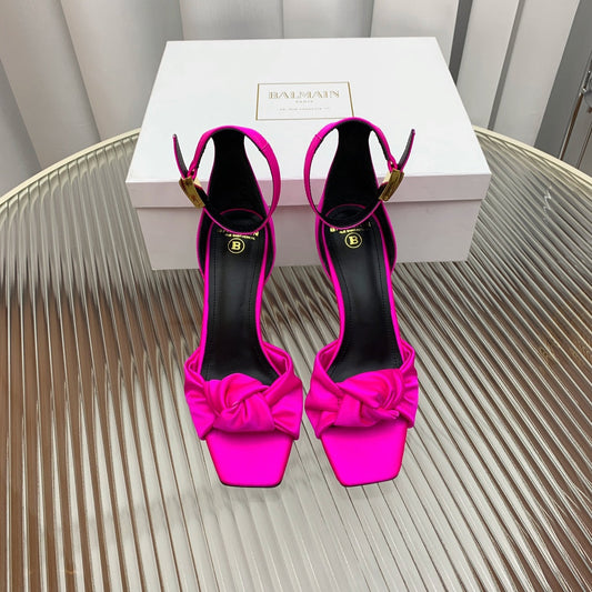 BALMAIN 25S KNOTTED HIGH HEELS 95MM IN NEON PINK SATIN - 35