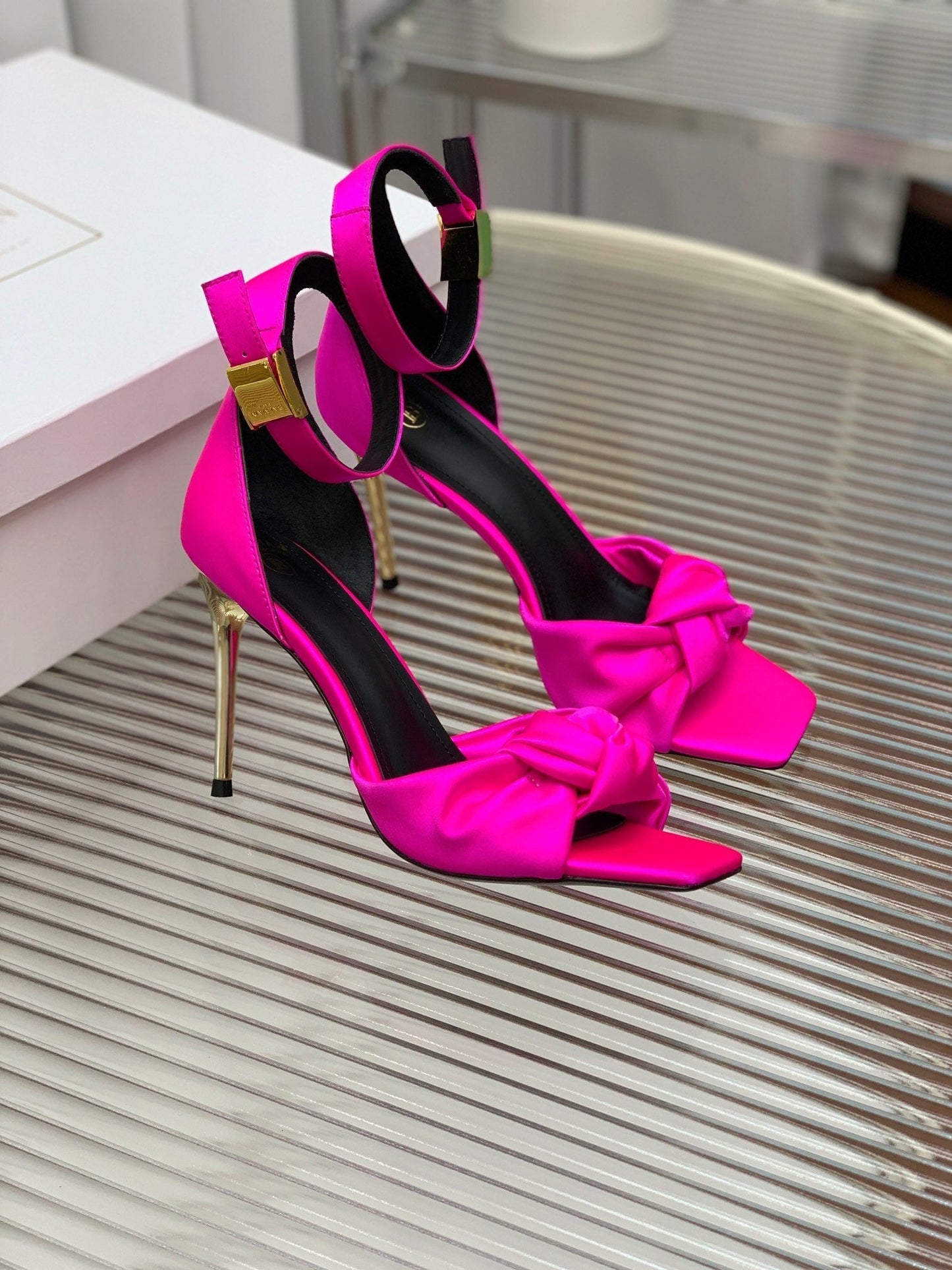 BALMAIN 25S KNOTTED HIGH HEELS 95MM IN NEON PINK SATIN - 35