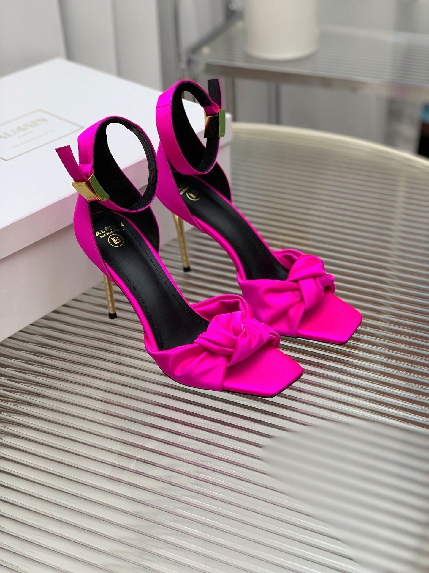 BALMAIN 25S KNOTTED HIGH HEELS 95MM IN NEON PINK SATIN - 35