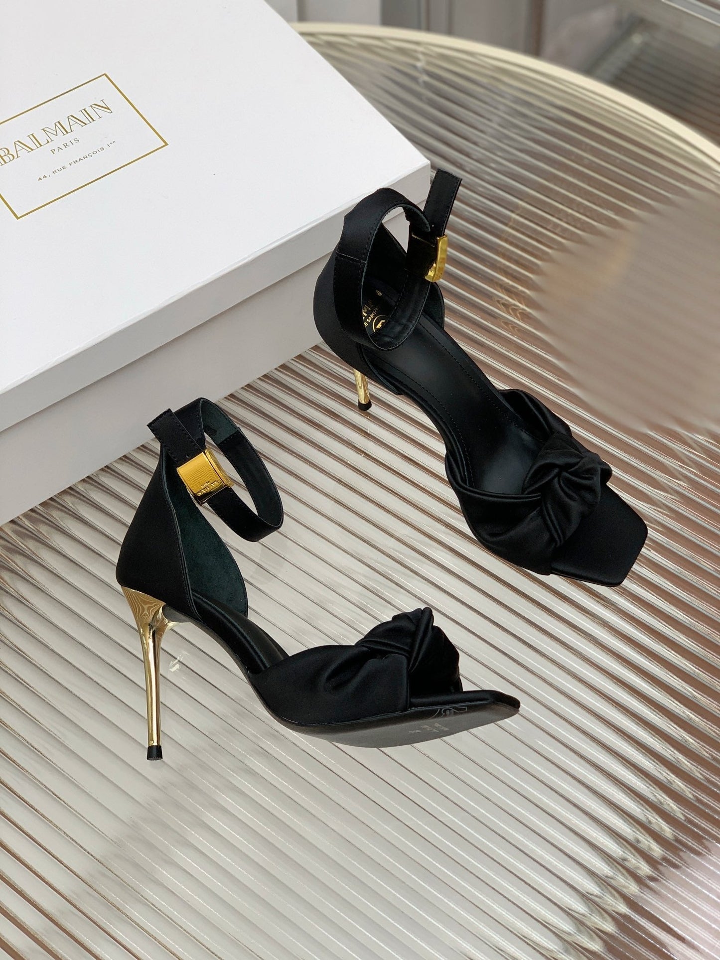 BALMAIN 25S KNOTTED HIGH HEELS 95MM IN BLACK SATIN - 35