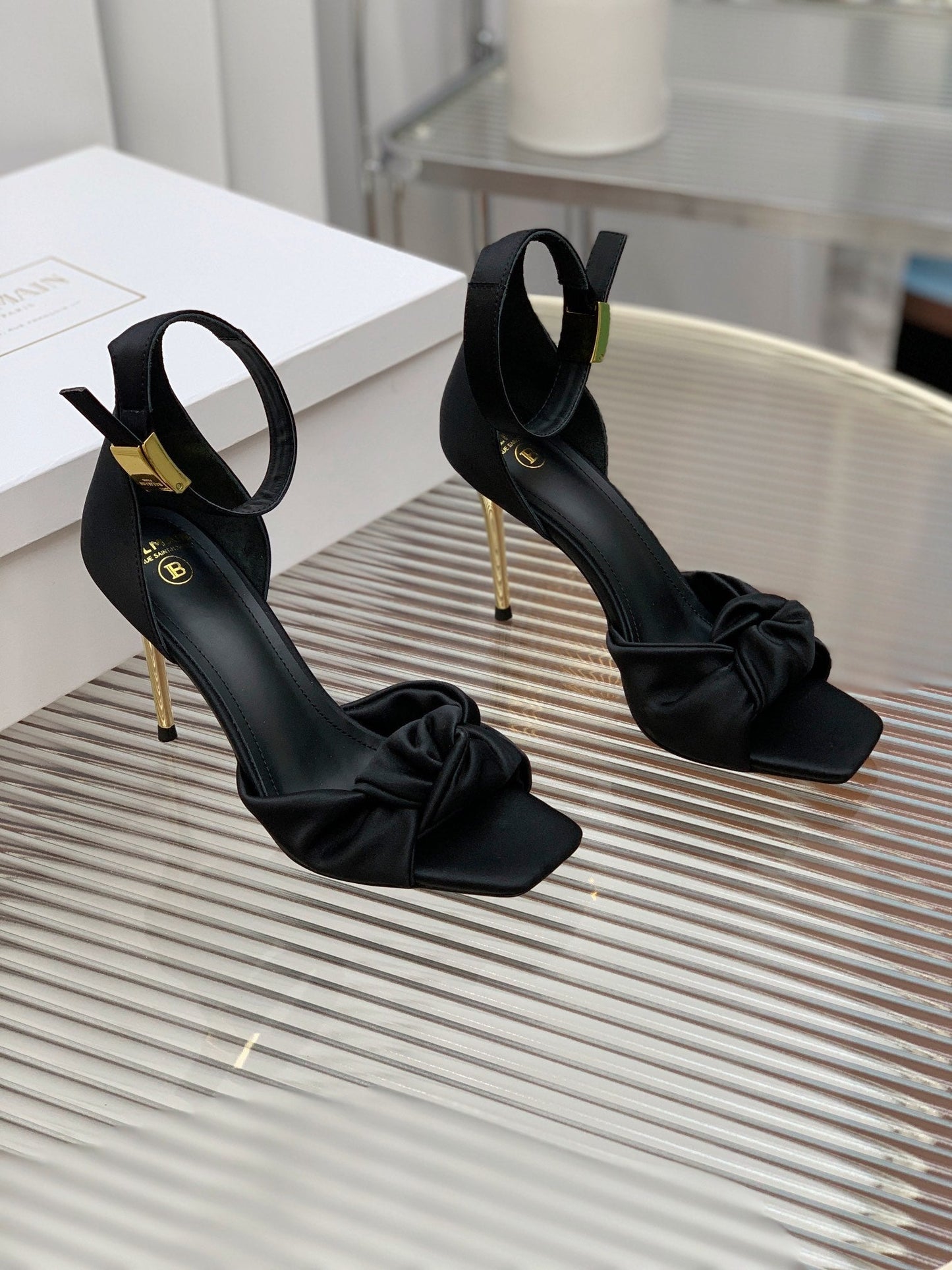 BALMAIN 25S KNOTTED HIGH HEELS 95MM IN BLACK SATIN - 35