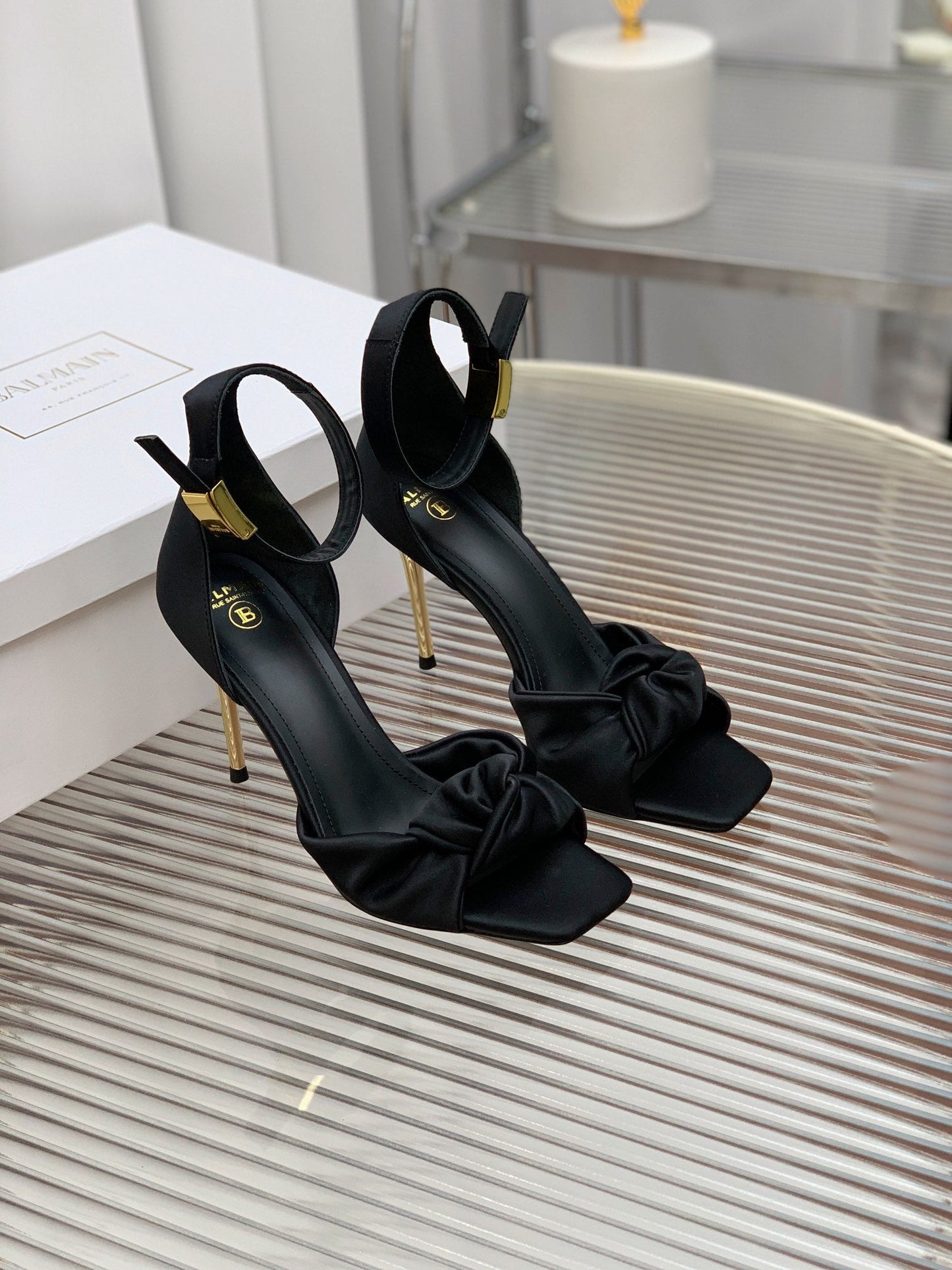 BALMAIN 25S KNOTTED HIGH HEELS 95MM IN BLACK SATIN - 35