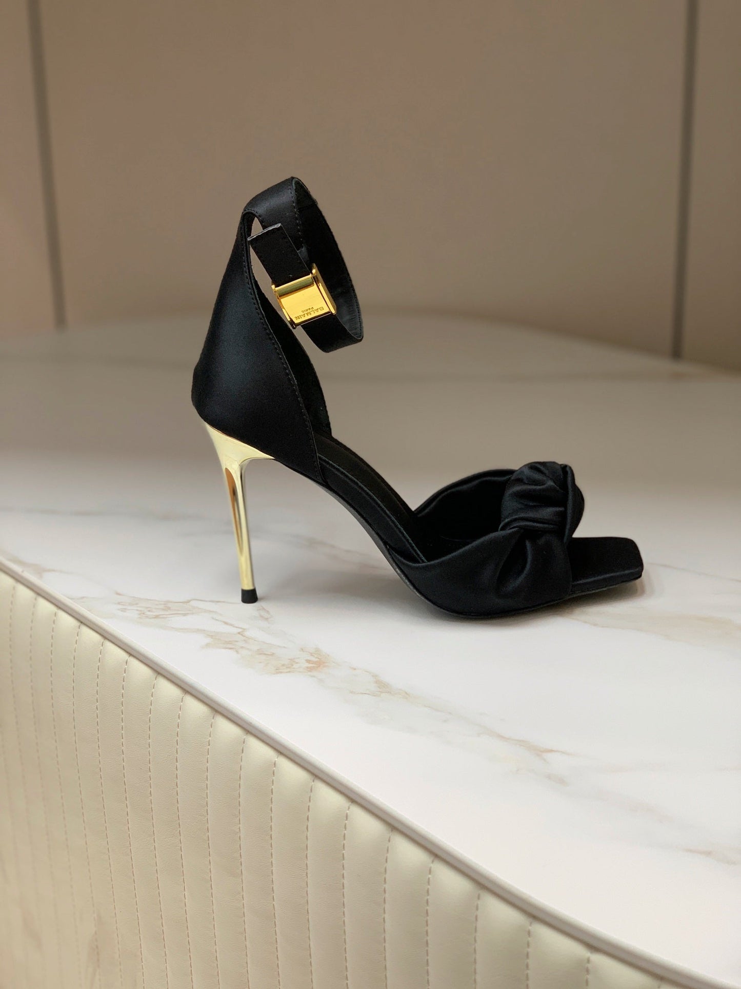 BALMAIN 25S KNOTTED HIGH HEELS 95MM IN BLACK SATIN - 35