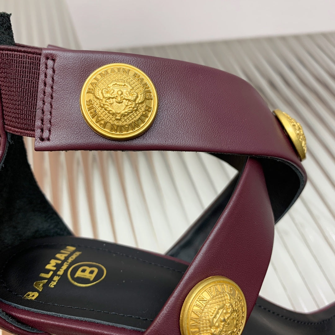 BALMAIN 25S CROSSOVER STRAP HIGH HEELS 95MM IN ROSEWOOD CALFSKIN - 35