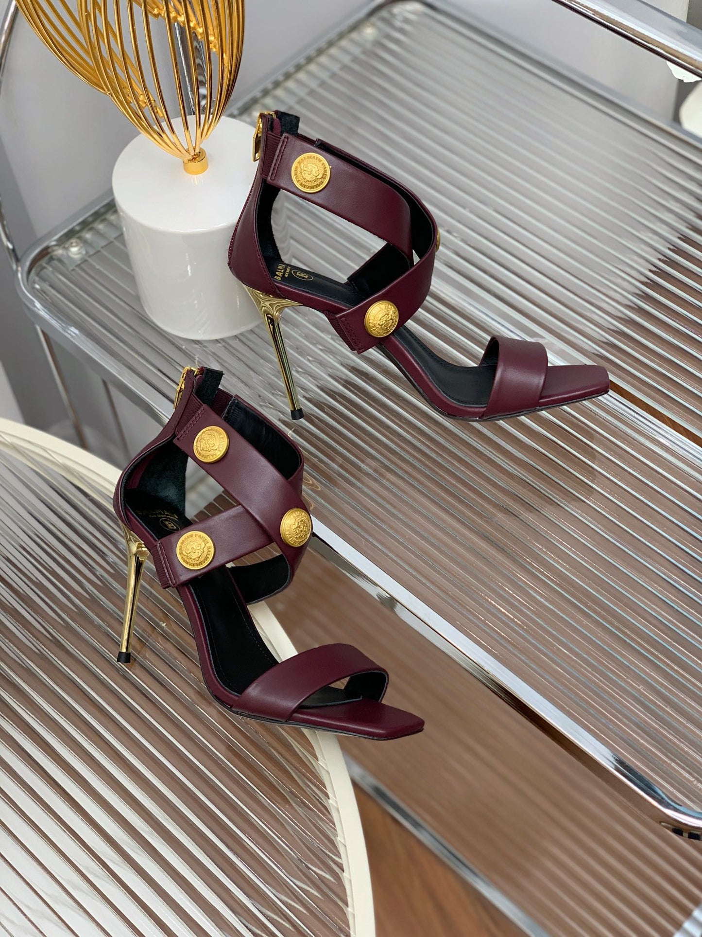 BALMAIN 25S CROSSOVER STRAP HIGH HEELS 95MM IN ROSEWOOD CALFSKIN - 35
