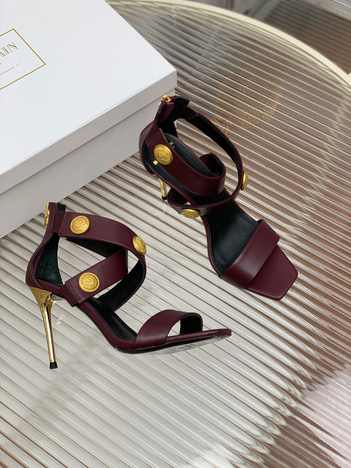 BALMAIN 25S CROSSOVER STRAP HIGH HEELS 95MM IN ROSEWOOD CALFSKIN - 35