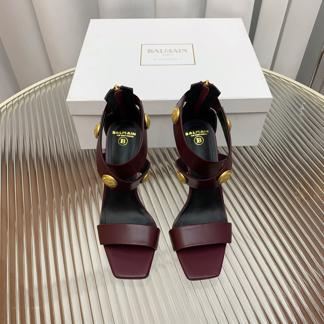 BALMAIN 25S CROSSOVER STRAP HIGH HEELS 95MM IN ROSEWOOD CALFSKIN - 35