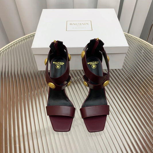 BALMAIN 25S CROSSOVER STRAP HIGH HEELS 95MM IN ROSEWOOD CALFSKIN - 35