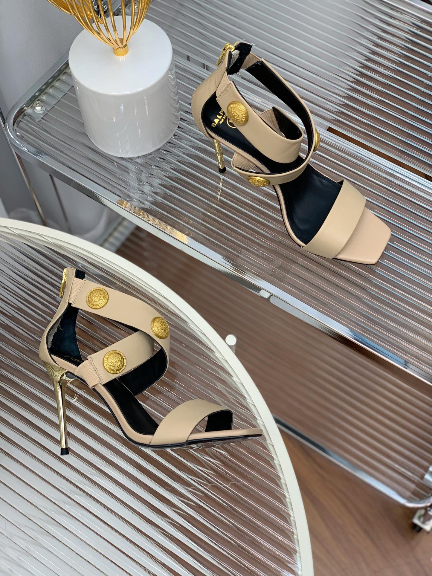 BALMAIN 25S CROSSOVER STRAP HIGH HEELS 95MM IN LIGHT BROWN CALFSKIN - 35
