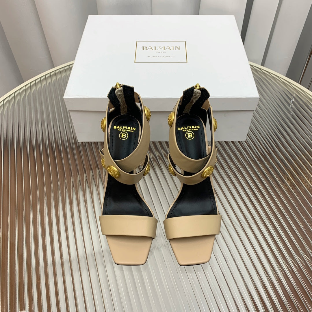 BALMAIN 25S CROSSOVER STRAP HIGH HEELS 95MM IN LIGHT BROWN CALFSKIN - 35