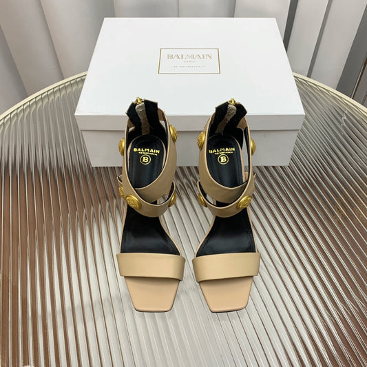 BALMAIN 25S CROSSOVER STRAP HIGH HEELS 95MM IN LIGHT BROWN CALFSKIN - 35