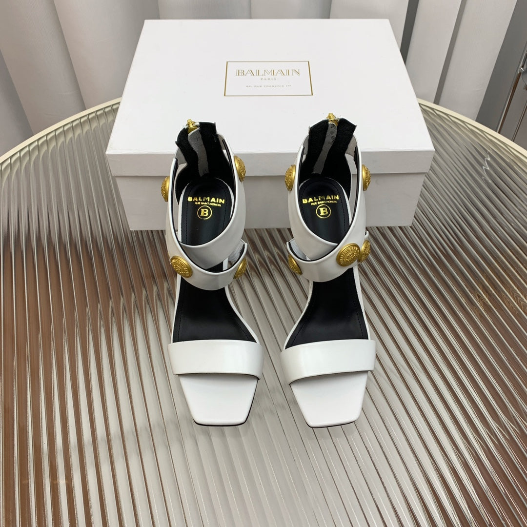 BALMAIN 25S CROSSOVER STRAP HIGH HEELS 95MM IN LIGHT GRAY CALFSKIN - 35