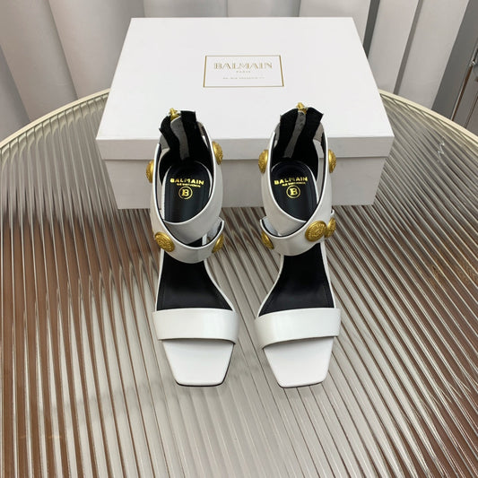 BALMAIN 25S CROSSOVER STRAP HIGH HEELS 95MM IN LIGHT GRAY CALFSKIN - 35