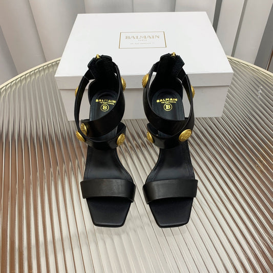 BALMAIN 25S CROSSOVER STRAP HIGH HEELS 95MM IN BLACK CALFSKIN - 35