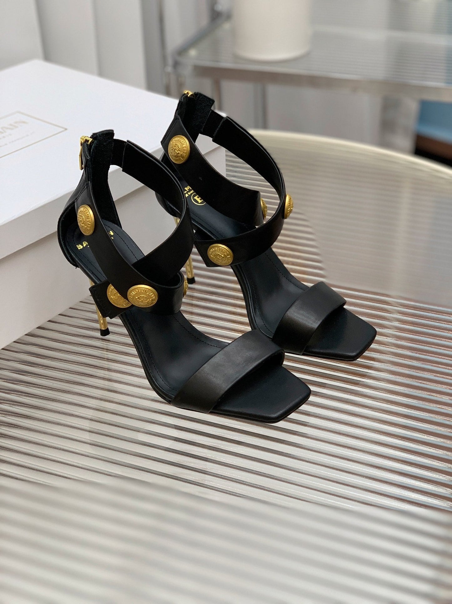 BALMAIN 25S CROSSOVER STRAP HIGH HEELS 95MM IN BLACK CALFSKIN - 35