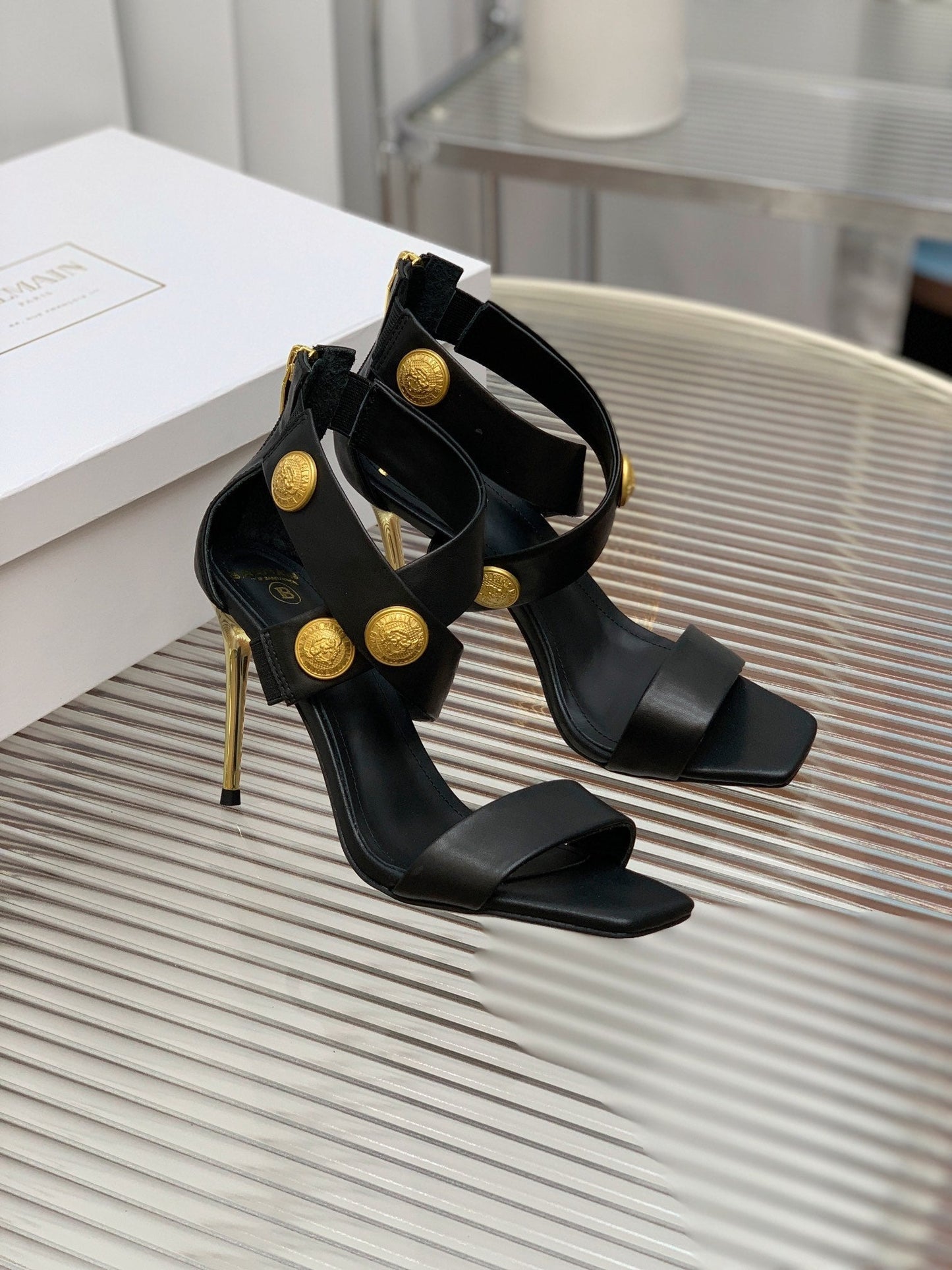 BALMAIN 25S CROSSOVER STRAP HIGH HEELS 95MM IN BLACK CALFSKIN - 35