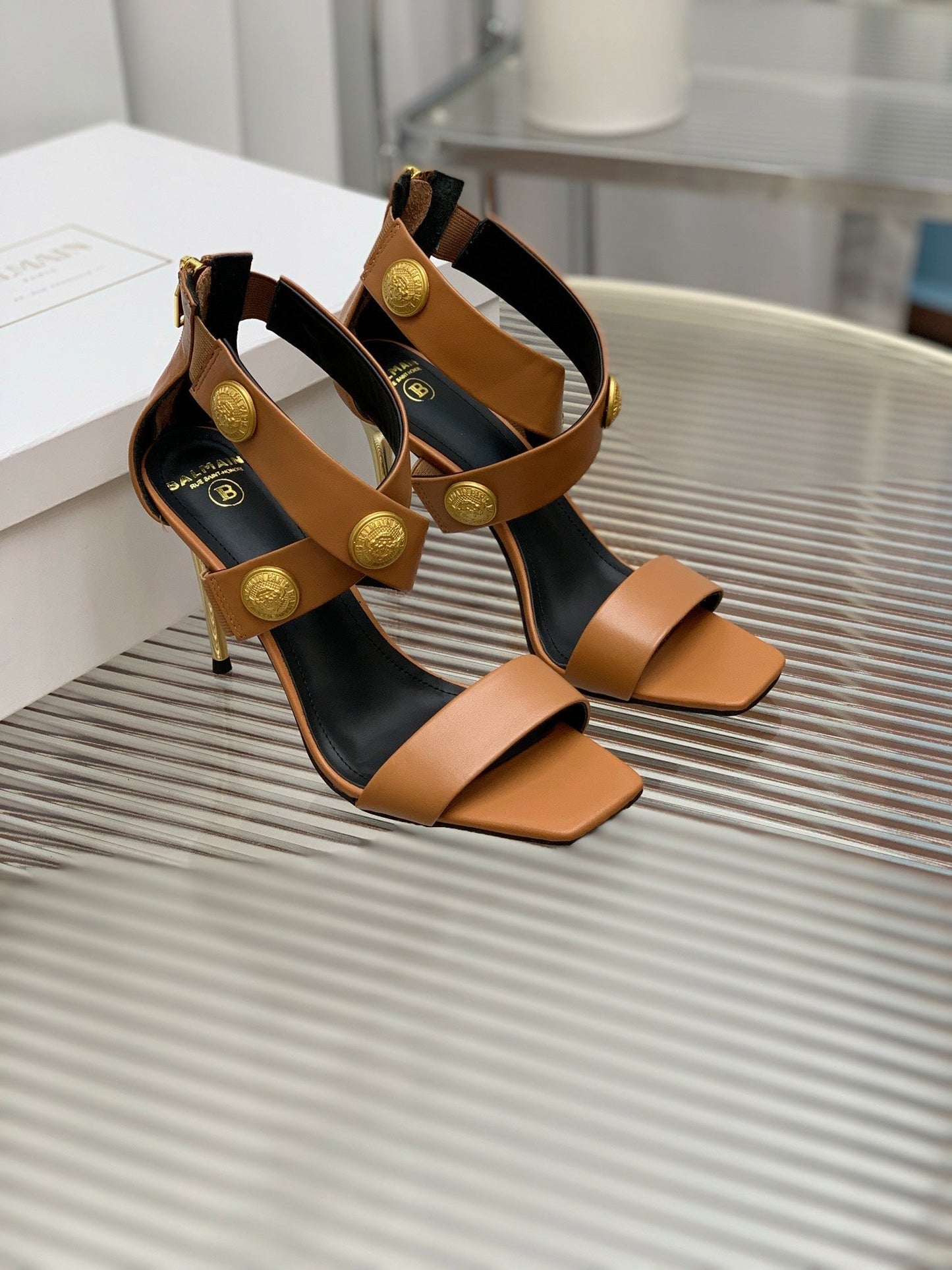 BALMAIN 25S CROSSOVER STRAP HIGH HEELS 95MM IN BROWN CALFSKIN - 35