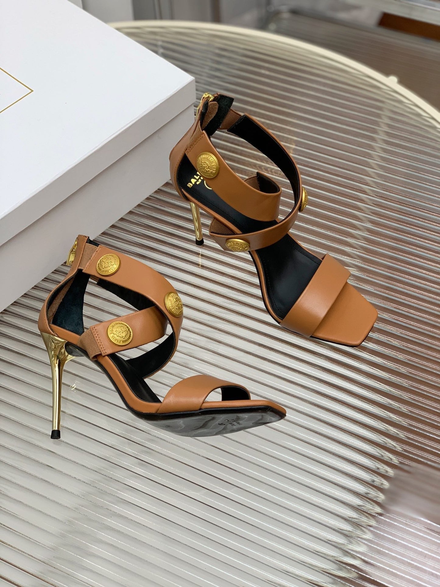 BALMAIN 25S CROSSOVER STRAP HIGH HEELS 95MM IN BROWN CALFSKIN - 35