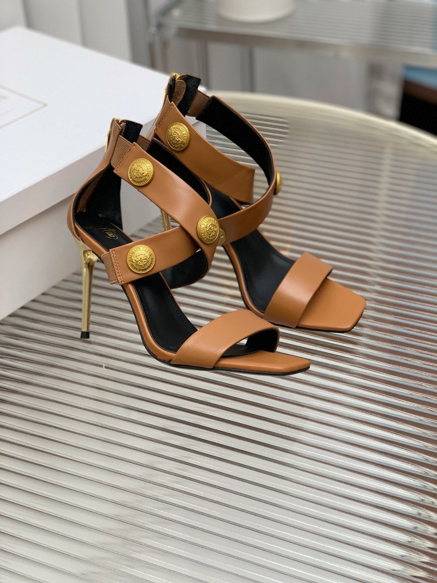 BALMAIN 25S CROSSOVER STRAP HIGH HEELS 95MM IN BROWN CALFSKIN - 35