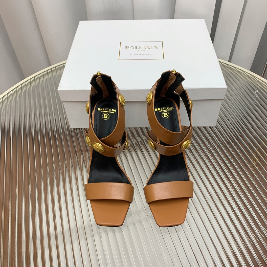 BALMAIN 25S CROSSOVER STRAP HIGH HEELS 95MM IN BROWN CALFSKIN - 35