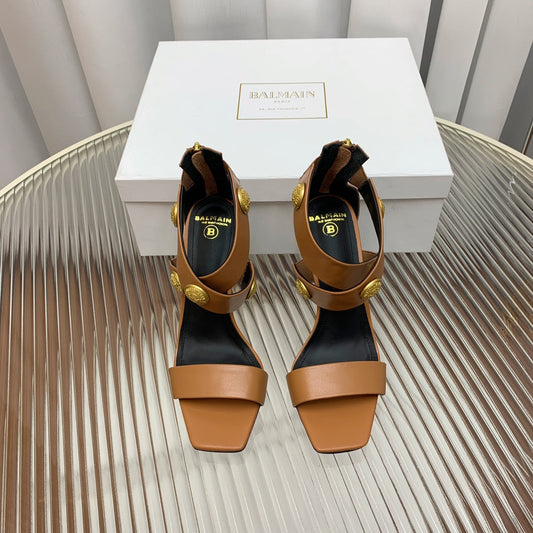 BALMAIN 25S CROSSOVER STRAP HIGH HEELS 95MM IN BROWN CALFSKIN - 35