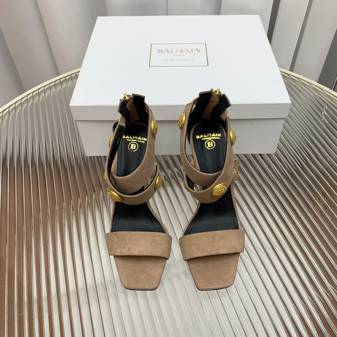 BALMAIN 25S CROSSOVER STRAP HIGH HEELS 95MM IN LIGHT BROWN SUEDE - 35