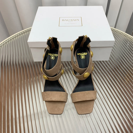 BALMAIN 25S CROSSOVER STRAP HIGH HEELS 95MM IN LIGHT BROWN SUEDE - 35