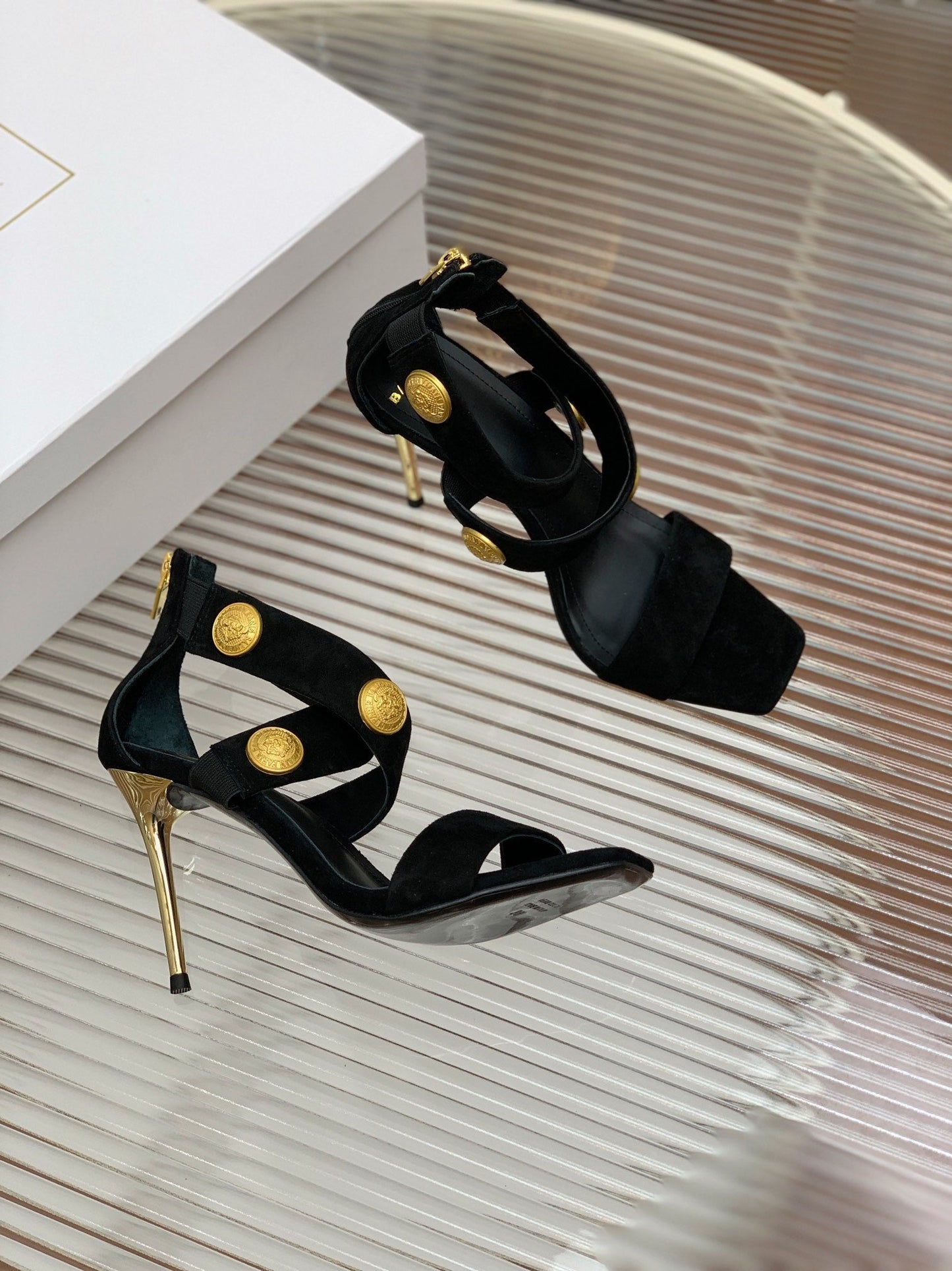 BALMAIN 25S CROSSOVER STRAP HIGH HEELS 95MM IN BLACK SUEDE - 35