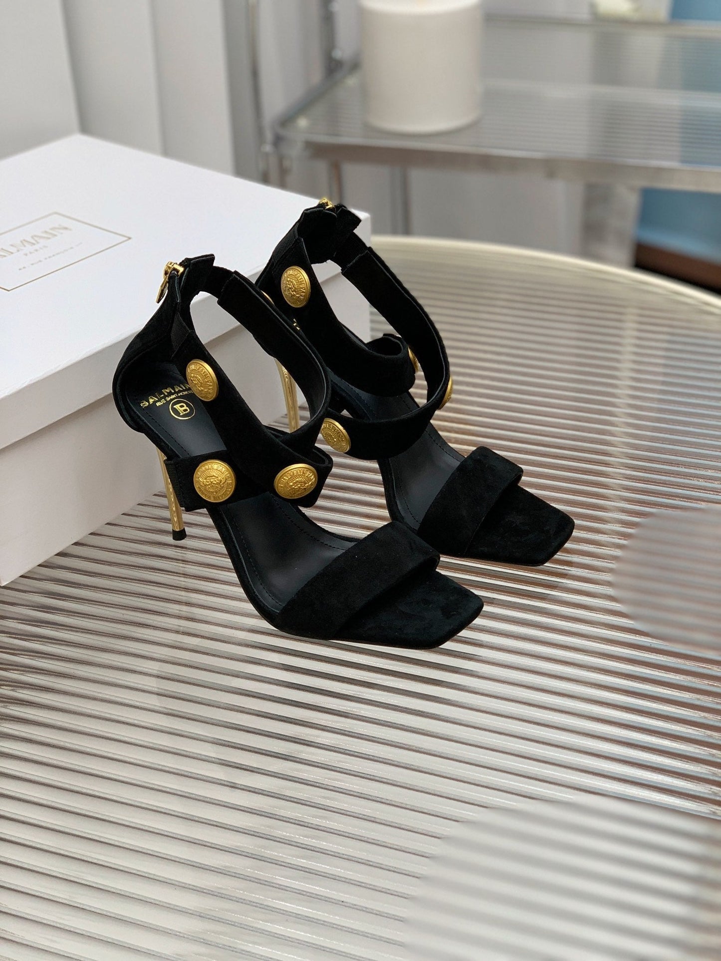 BALMAIN 25S CROSSOVER STRAP HIGH HEELS 95MM IN BLACK SUEDE - 35
