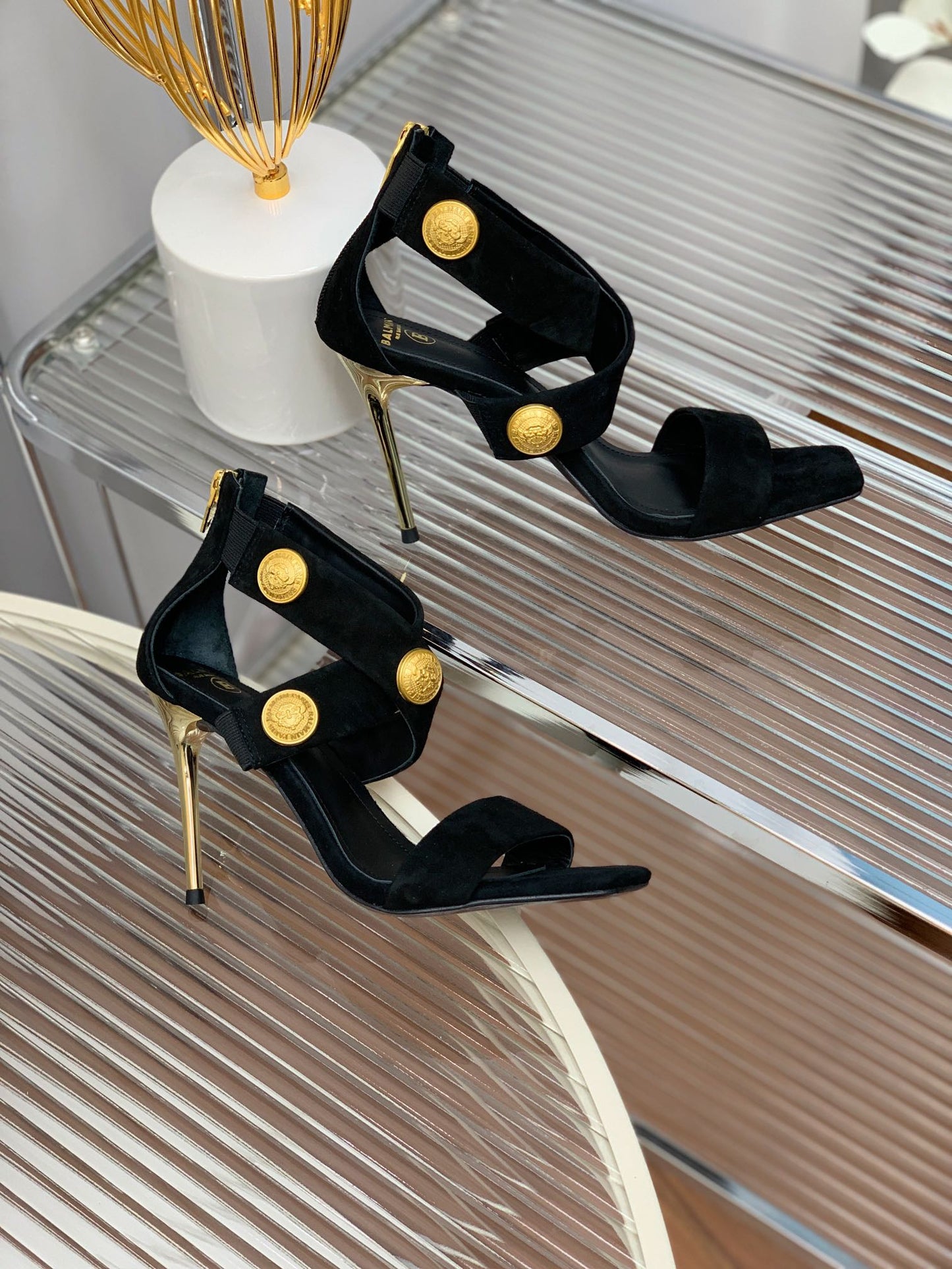 BALMAIN 25S CROSSOVER STRAP HIGH HEELS 95MM IN BLACK SUEDE - 35