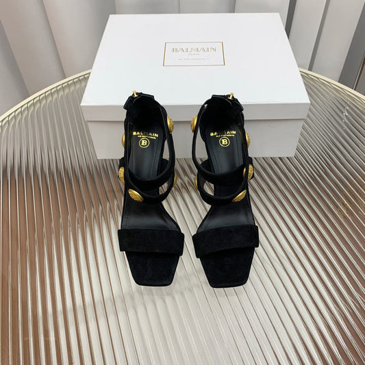 BALMAIN 25S CROSSOVER STRAP HIGH HEELS 95MM IN BLACK SUEDE - 35