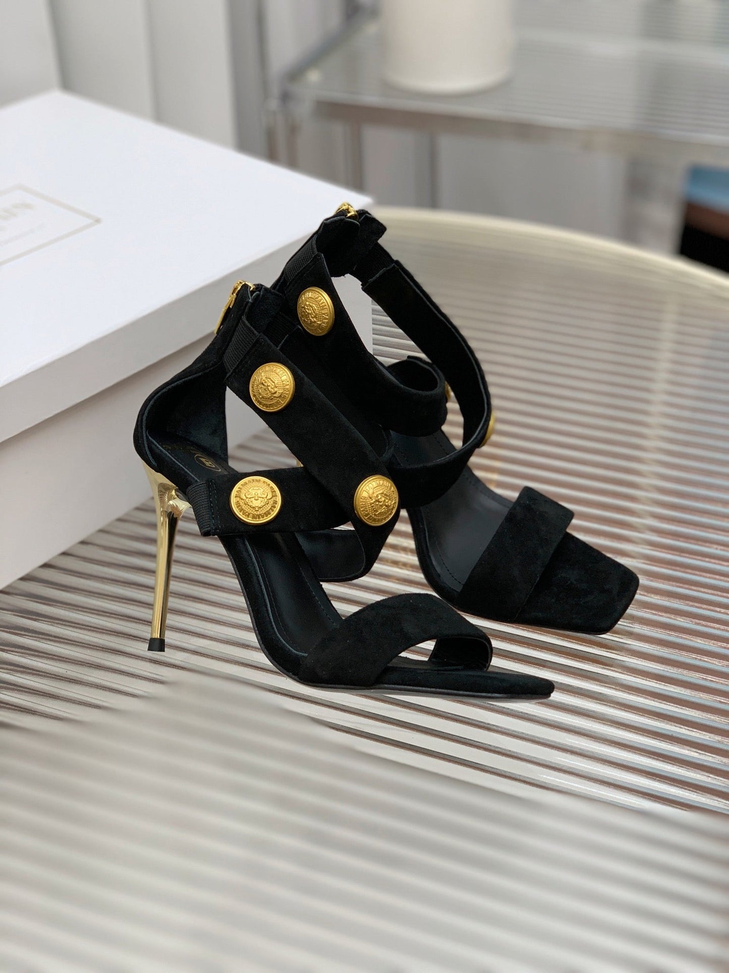 BALMAIN 25S CROSSOVER STRAP HIGH HEELS 95MM IN BLACK SUEDE - 35