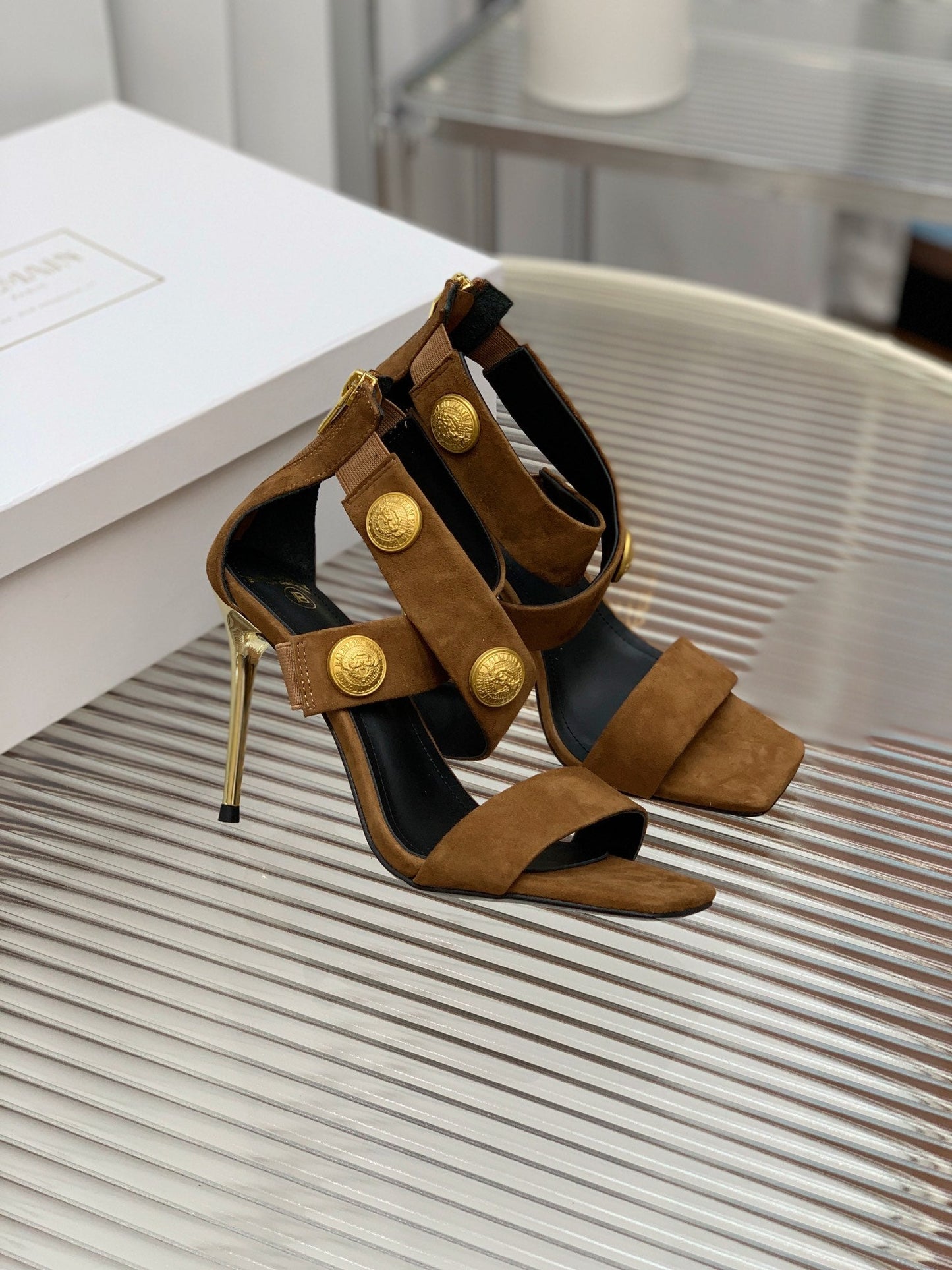 BALMAIN 25S CROSSOVER STRAP HIGH HEELS 95MM IN BROWN SUEDE - 35