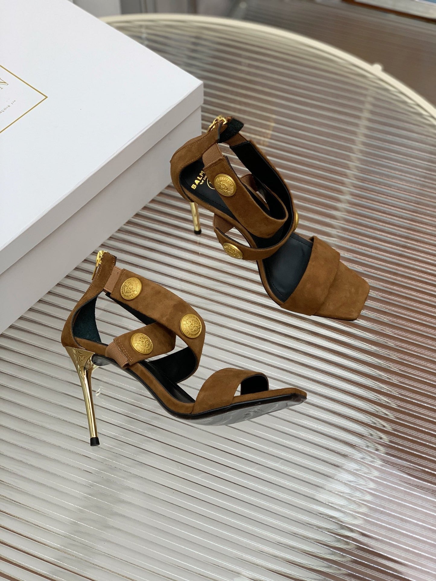 BALMAIN 25S CROSSOVER STRAP HIGH HEELS 95MM IN BROWN SUEDE - 35