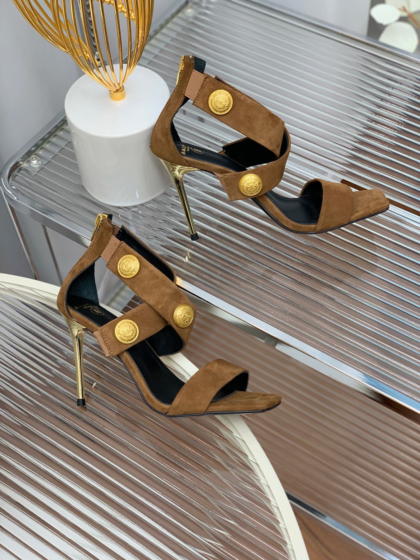 BALMAIN 25S CROSSOVER STRAP HIGH HEELS 95MM IN BROWN SUEDE - 35