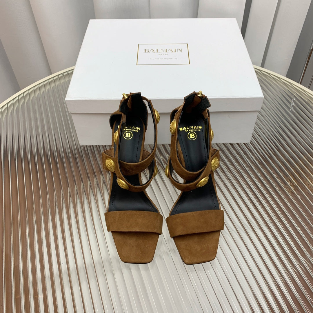 BALMAIN 25S CROSSOVER STRAP HIGH HEELS 95MM IN BROWN SUEDE - 35