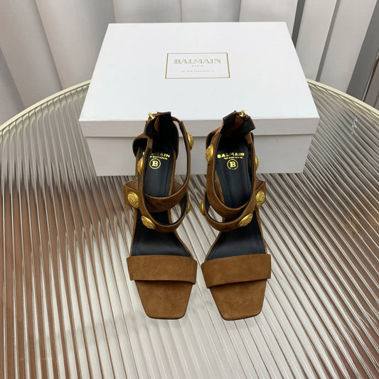 BALMAIN 25S CROSSOVER STRAP HIGH HEELS 95MM IN BROWN SUEDE - 35