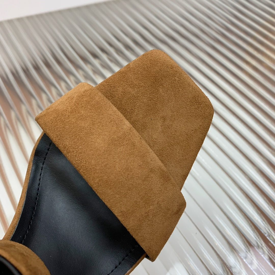 BALMAIN 25S CROSSOVER STRAP HIGH HEELS 95MM IN BROWN SUEDE - 35