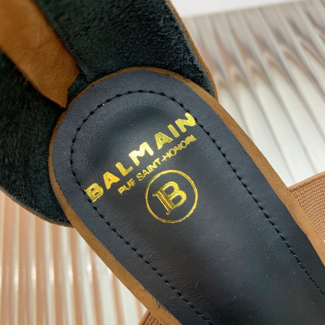 BALMAIN 25S CROSSOVER STRAP HIGH HEELS 95MM IN BROWN SUEDE - 35