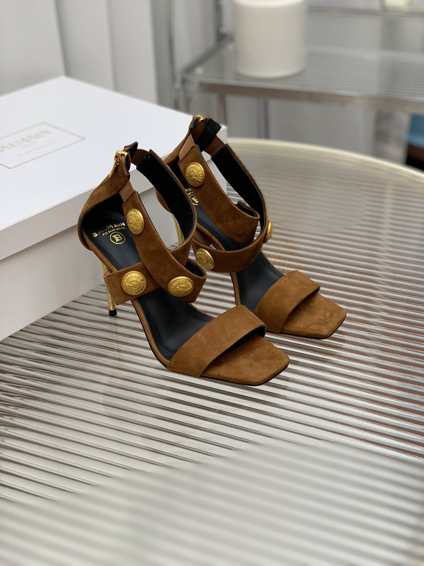 BALMAIN 25S CROSSOVER STRAP HIGH HEELS 95MM IN BROWN SUEDE - 35