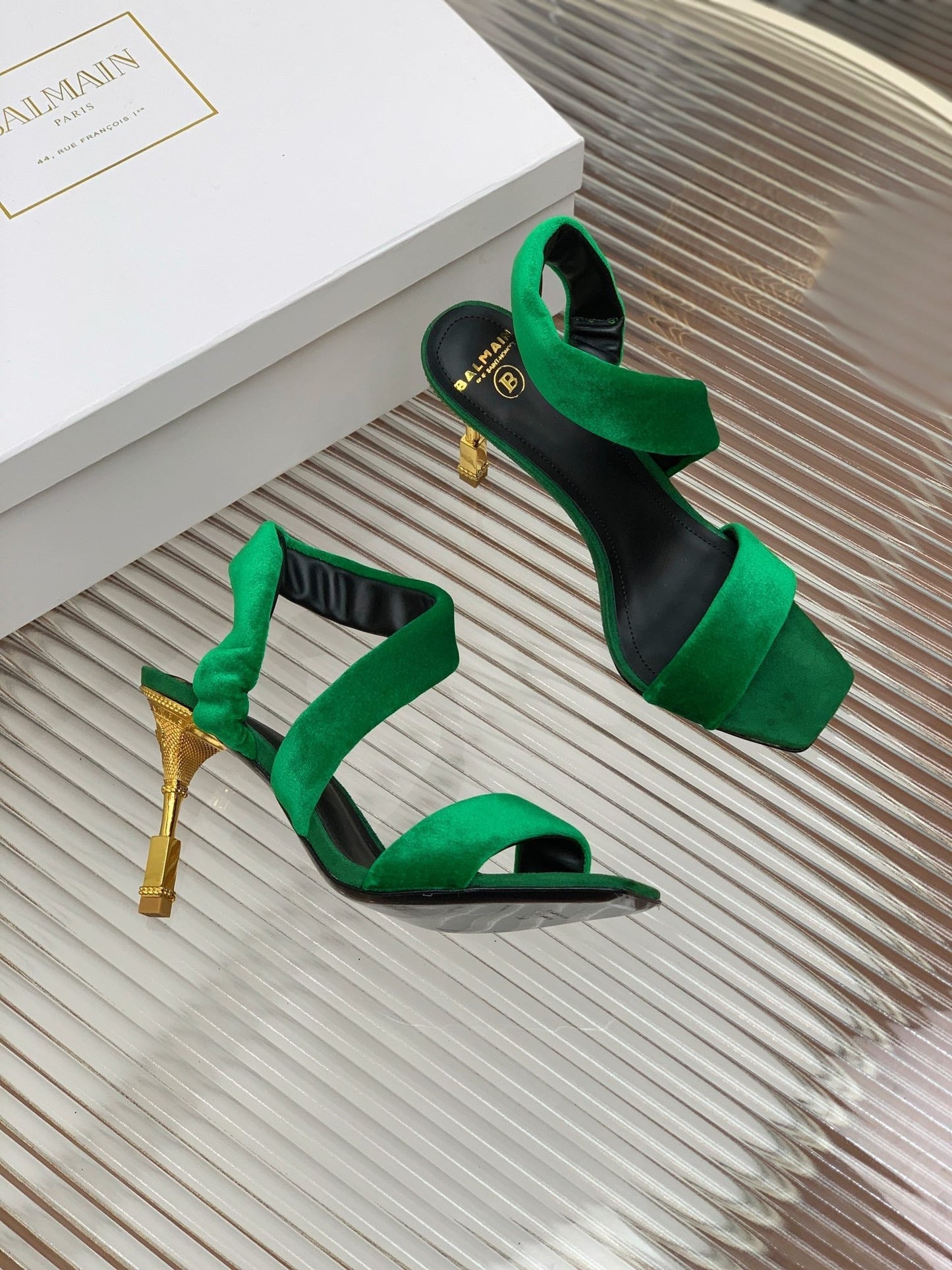 BALMAIN 25S MONETA HEELED SANDALS 95MM IN DARK GREEN VELVET - 35