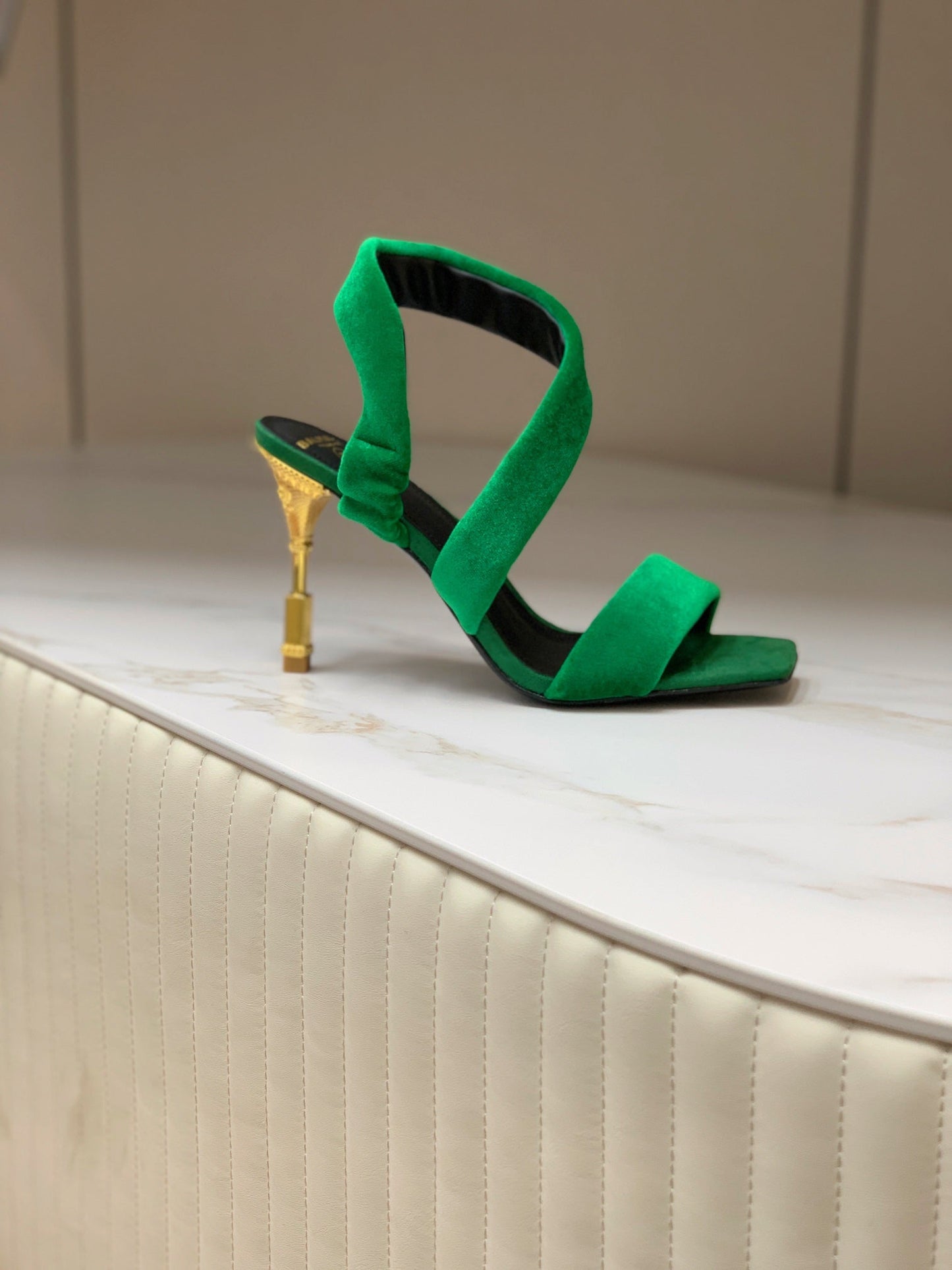 BALMAIN 25S MONETA HEELED SANDALS 95MM IN DARK GREEN VELVET - 35