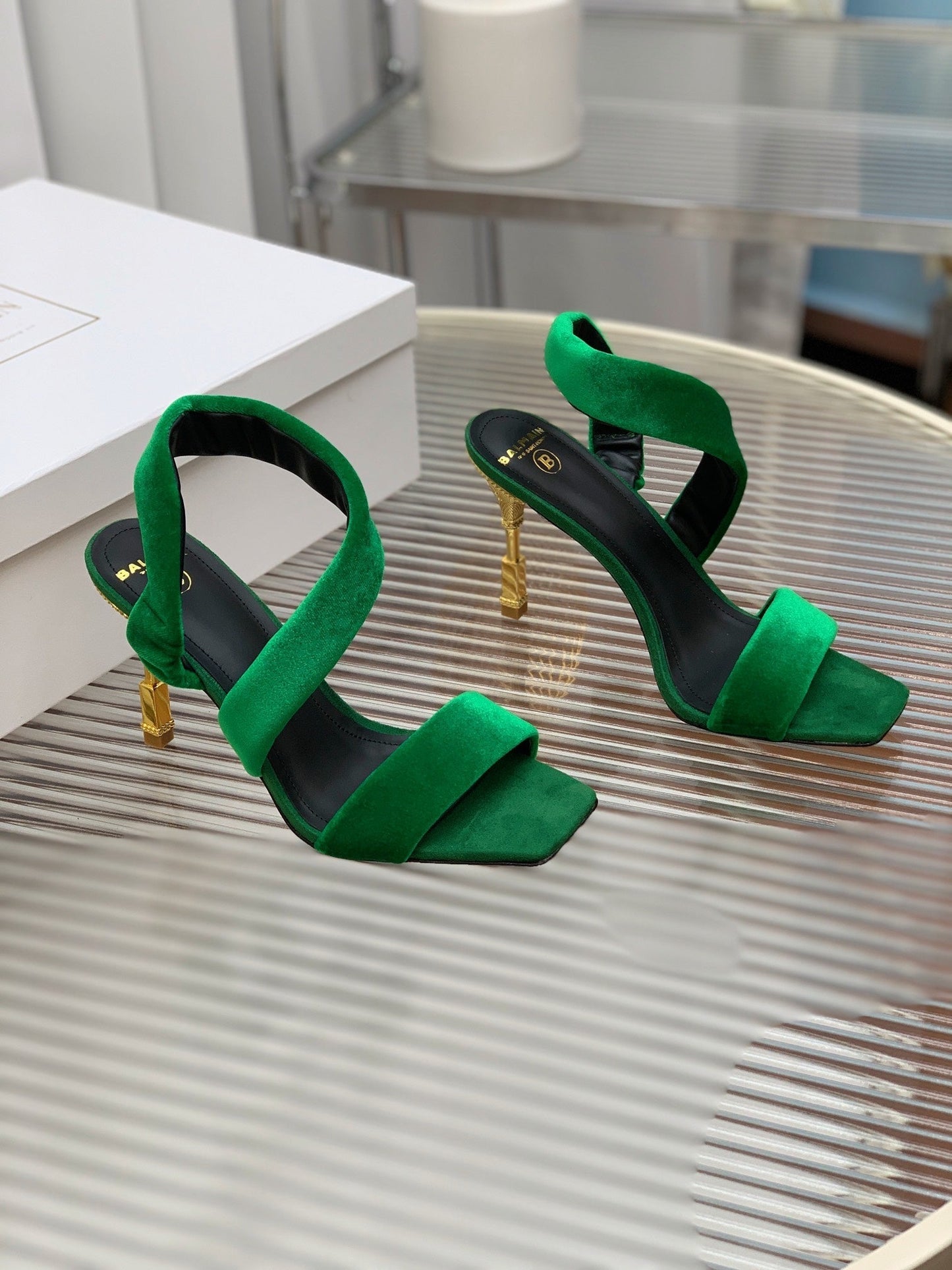 BALMAIN 25S MONETA HEELED SANDALS 95MM IN DARK GREEN VELVET - 35
