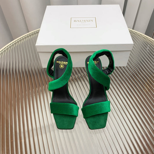 BALMAIN 25S MONETA HEELED SANDALS 95MM IN DARK GREEN VELVET - 35