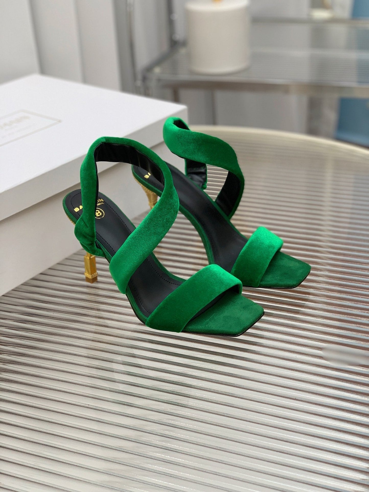 BALMAIN 25S MONETA HEELED SANDALS 95MM IN DARK GREEN VELVET - 35