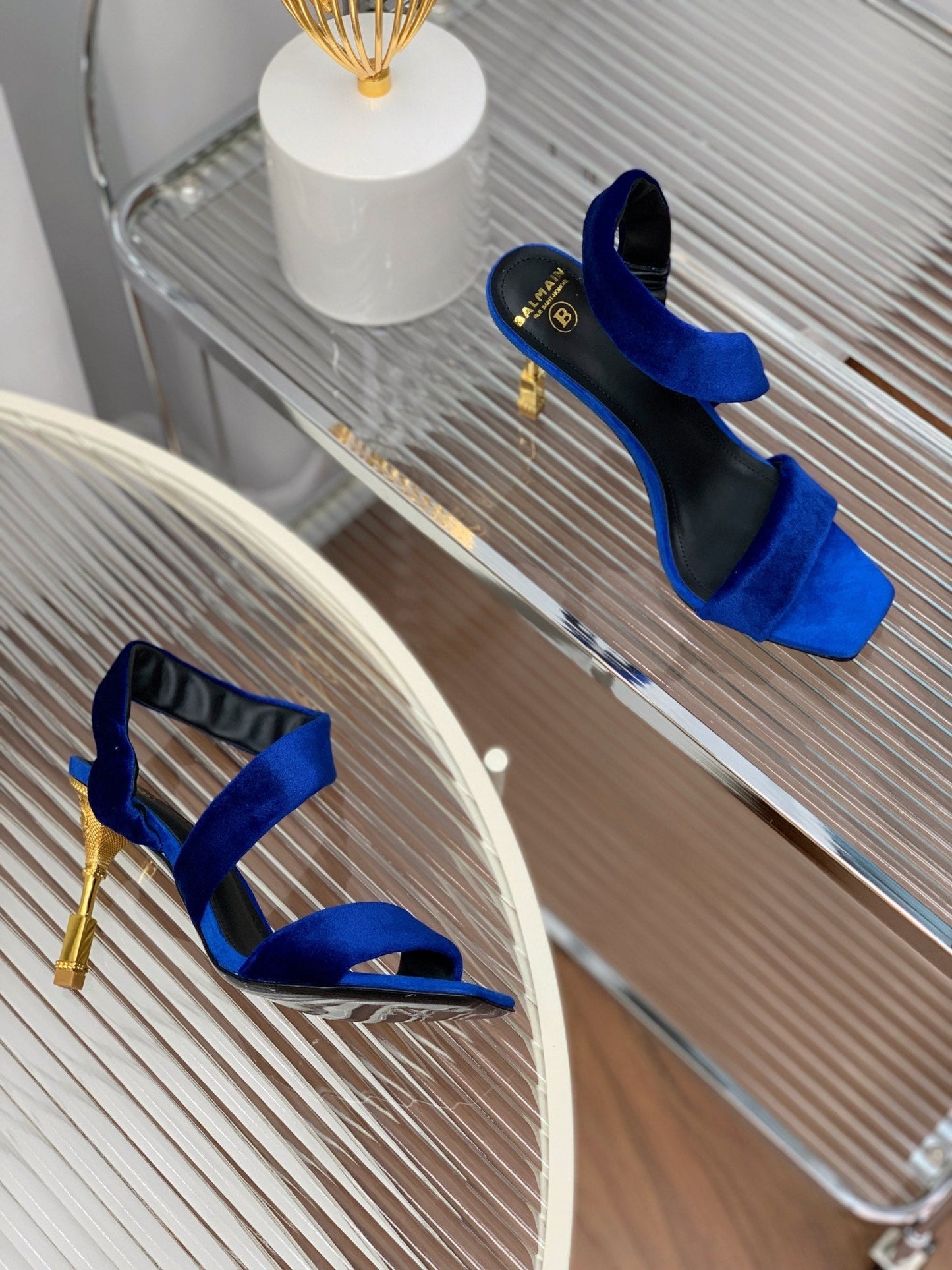 BALMAIN 25S MONETA HEELED SANDALS 95MM IN DARK BLUE VELVET - 35