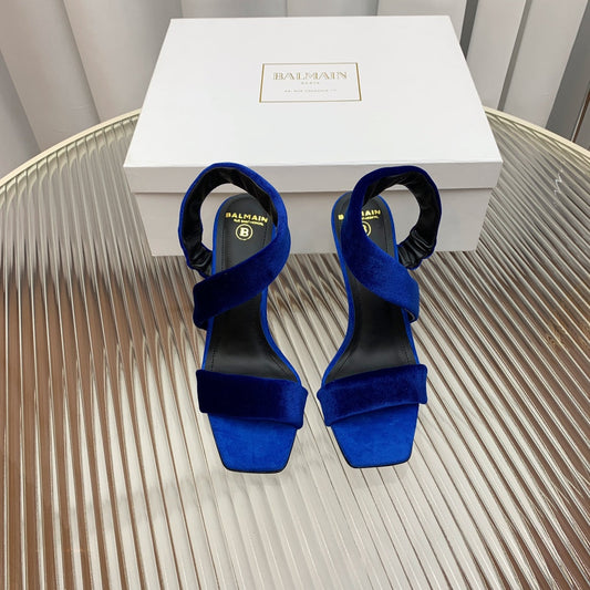 BALMAIN 25S MONETA HEELED SANDALS 95MM IN DARK BLUE VELVET - 35